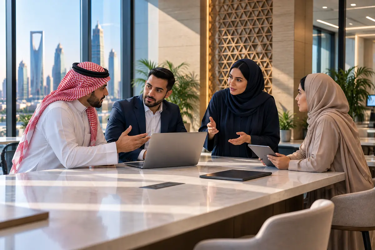 جلسة عمل لفريق سعودي حول طاولة في مساحة تعاون حديثة