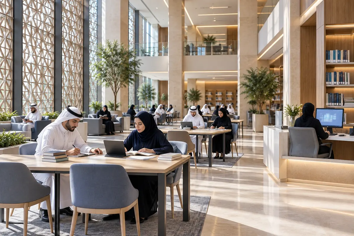 قاعة تعلم جامعية حديثة في الرياض وطلاب يدرسون وأمينة مكتبة عند مكتبها