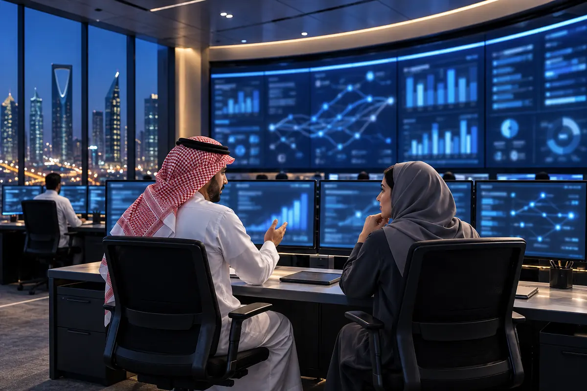 مركز عمليات شبكة اتصالات في الرياض ومهندسان أمام جدار شاشات