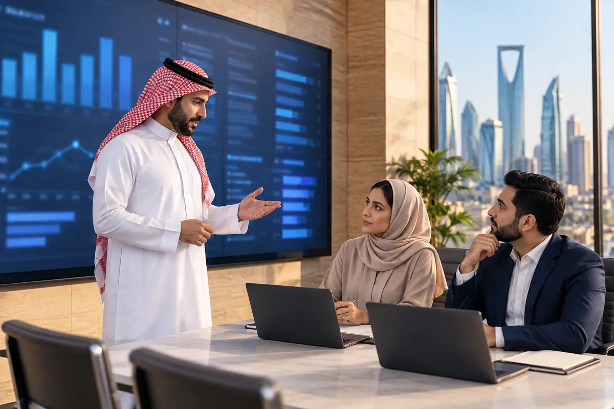 محللون سعوديون ومدير أمام شاشة عرض كبيرة في غرفة تحليلات مضيئة