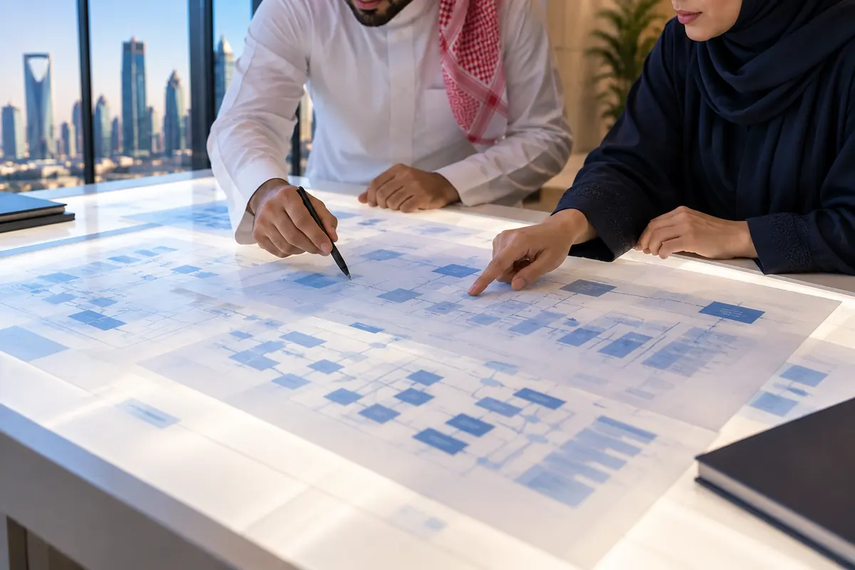 أيدي مستشارين سعوديين تتتبع خطوط مخططات معمارية مطبوعة على طاولة مضيئة