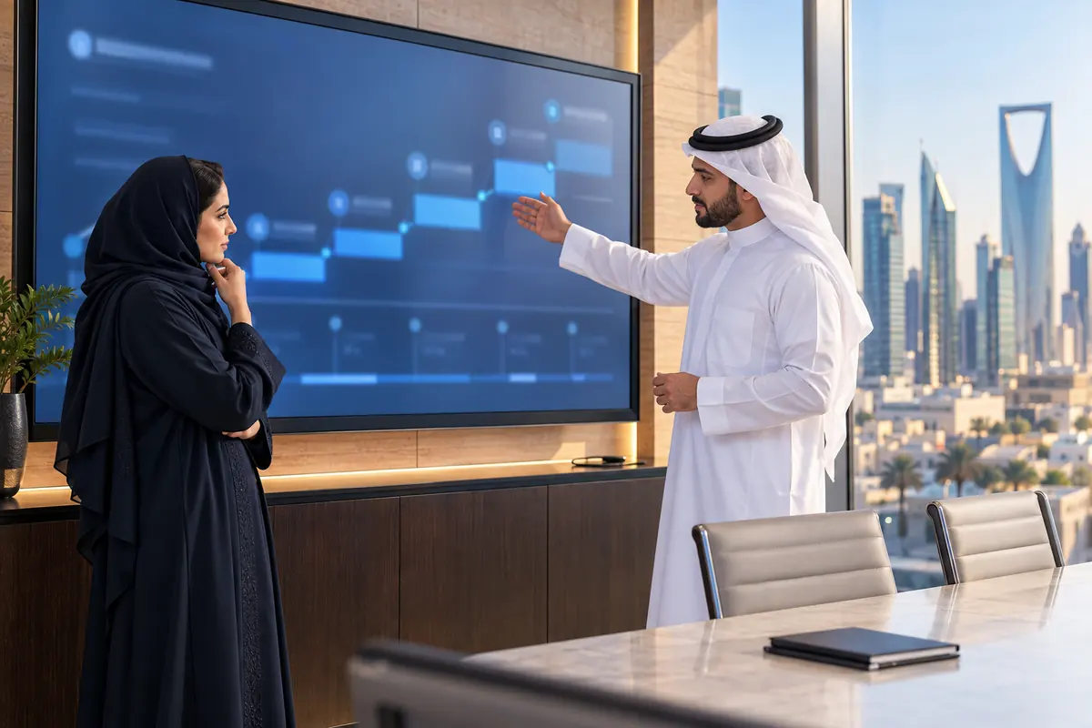 مديرة تنفيذية سعودية ومستشار يراجعان خارطة طريق على شاشة كبيرة