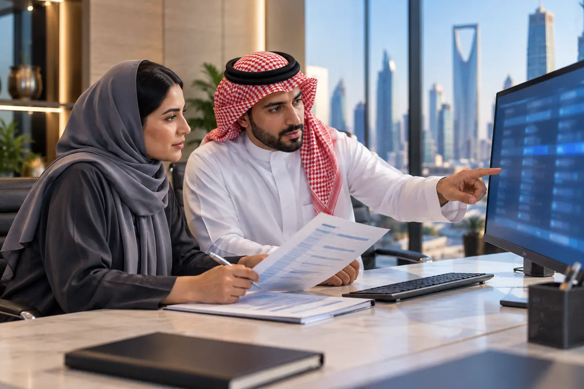 محللة ومحلل سعوديان يقارنان تقريرًا مطبوعًا بجدول على الشاشة